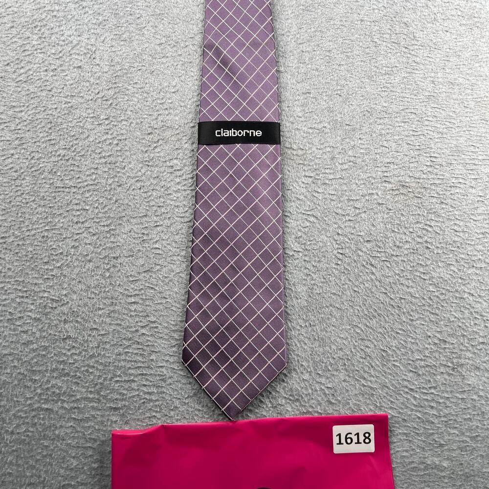 Claiborne Neck Tie Mens Purple Diamond Check Silk NEW NWT